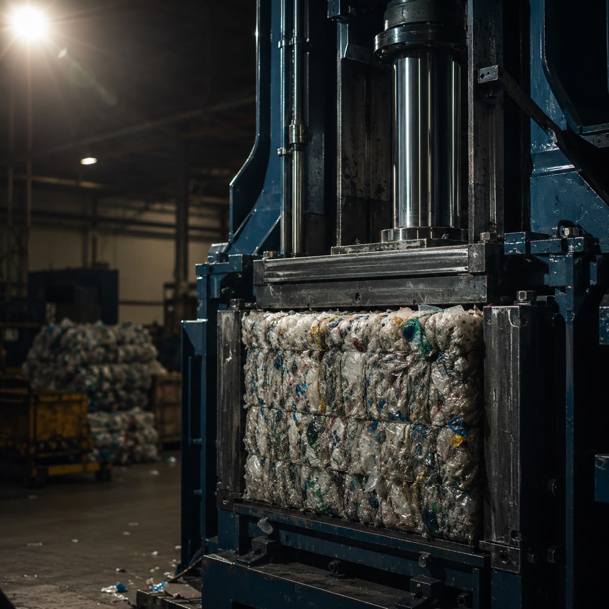 Máquina prensa compactando plástico industrial en fardos para su despacho
