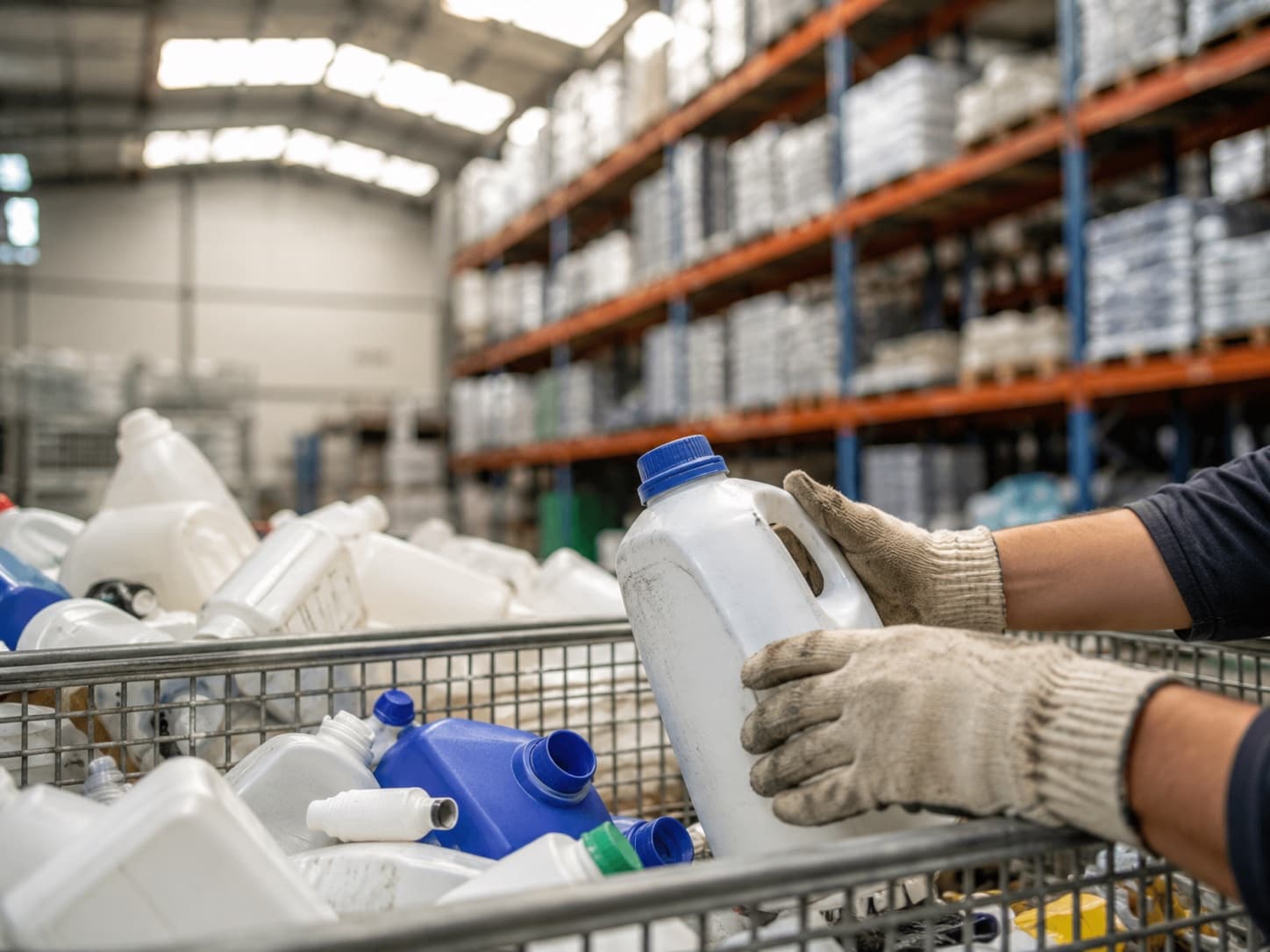 Manos con guantes de trabajo clasificando bidones de HDPE en un contenedor de reciclaje