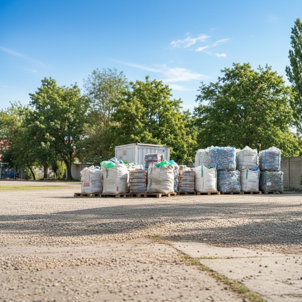 Bolsones de material reciclable acumulados en el patio de acopio de la planta